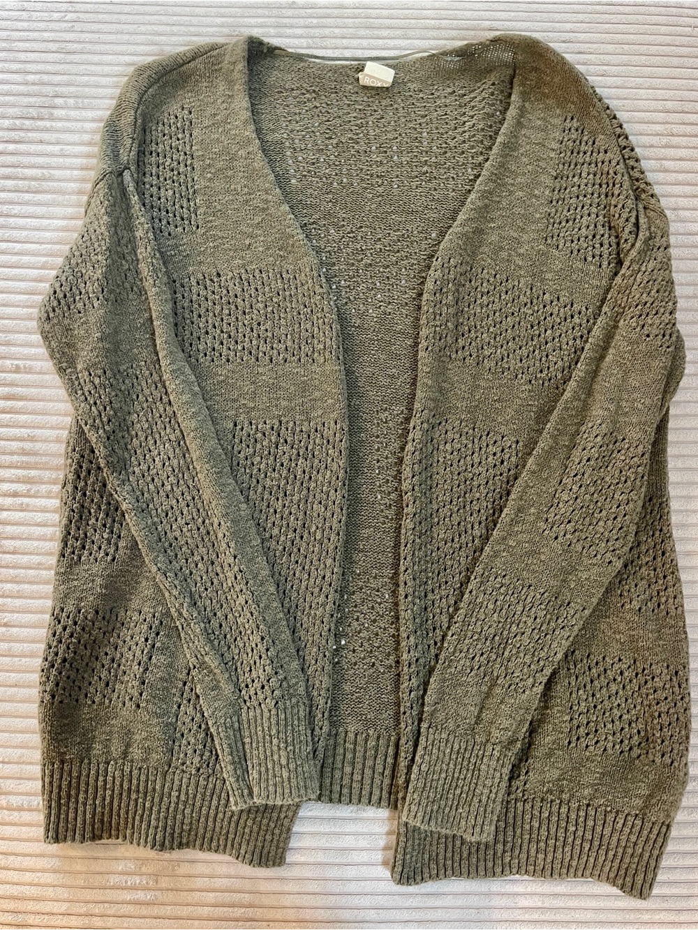 Roxy Sea Moss Olive Green Open Front Knit Cardigan Sweater Small